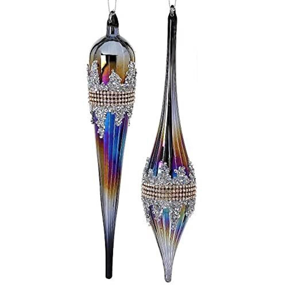 Jewelled Final Blown Glass Long Ornaments - Set of 2 Christmas Holiday